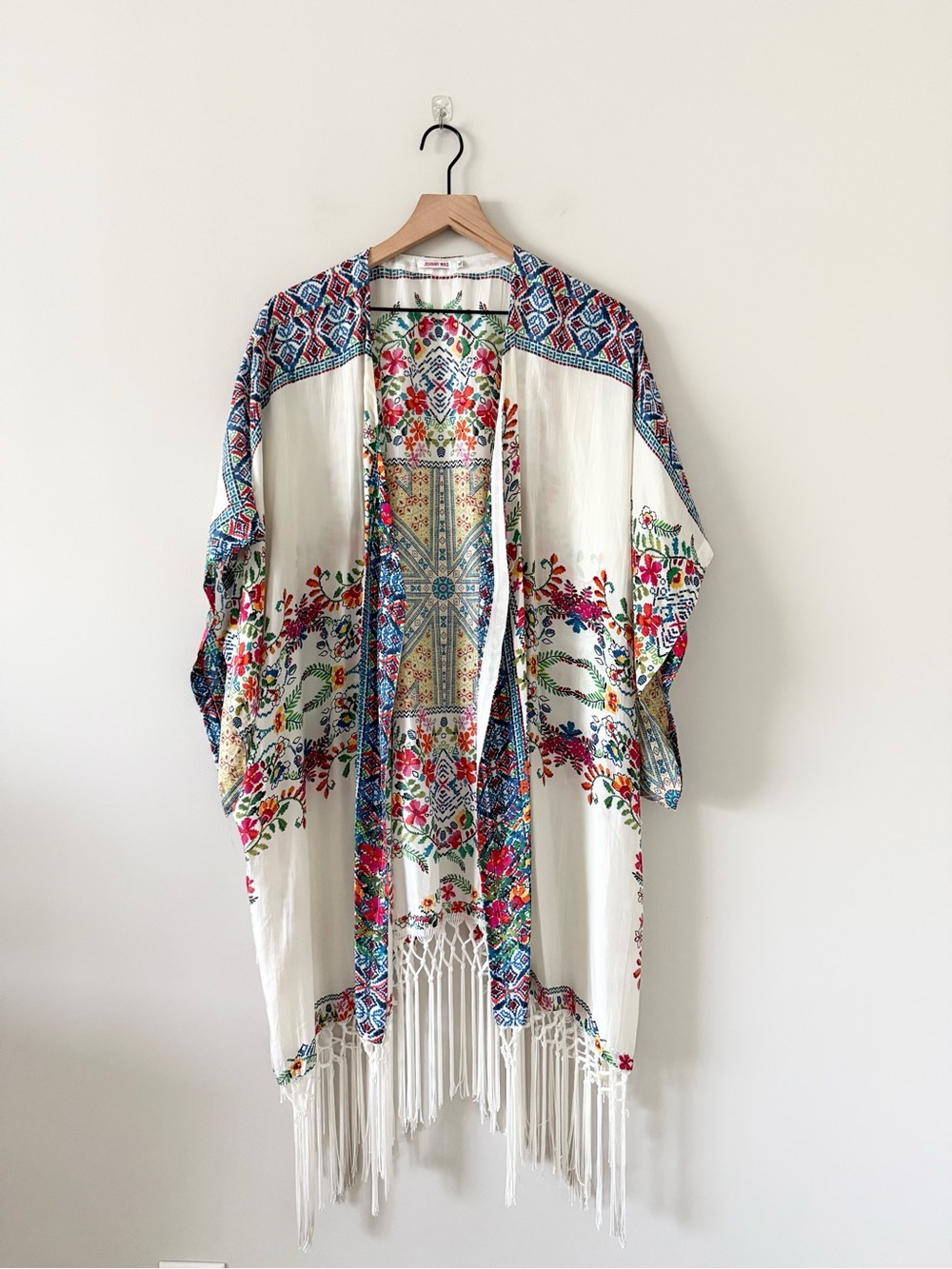 Johnny Was 100% Silk Mosaic Floral Fringe Kimono Duster Size XL